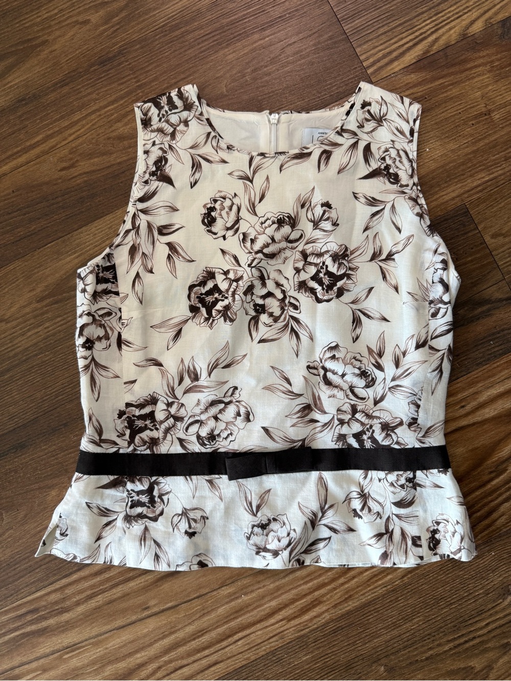 Ann Taylor LOFT Cream Sleeveless Peplum Top with Brown Floral Print
